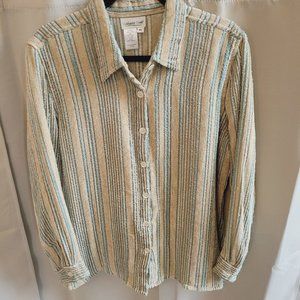 Coldwater Creek Womens Blouse Size XL Silk Blend Corduroy Stripe Button Up 15911